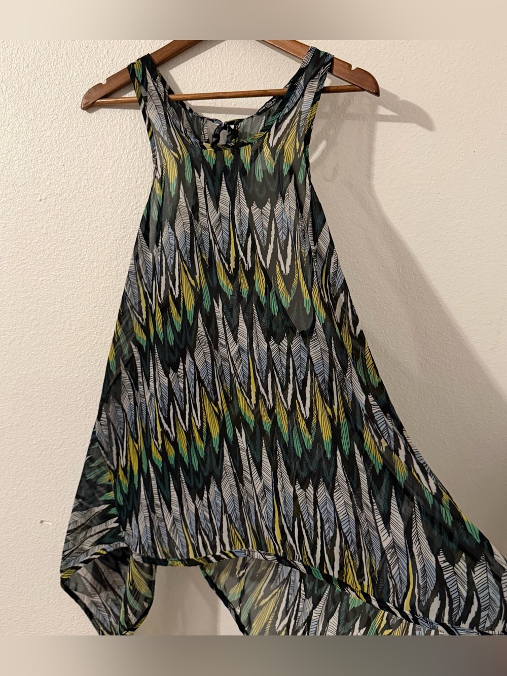 cha cha vente Sheer Black Coverup Dress with Green & Yellow Feather Print Medium